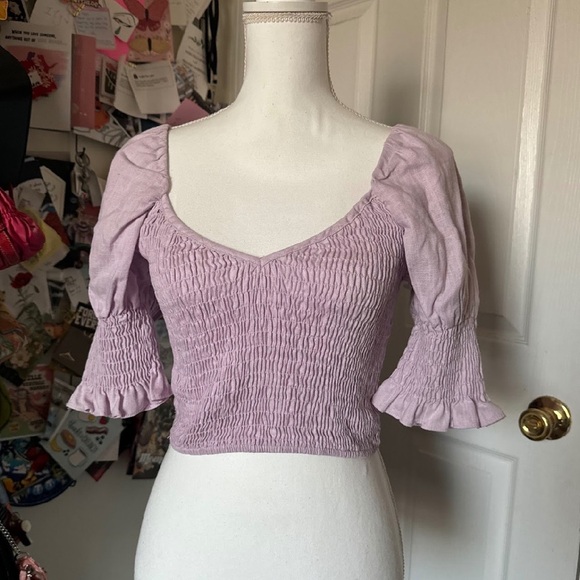 Misa Los Angeles Pink Puff Sleeve Smocked Crop Top Medium - Picture 2 of 5